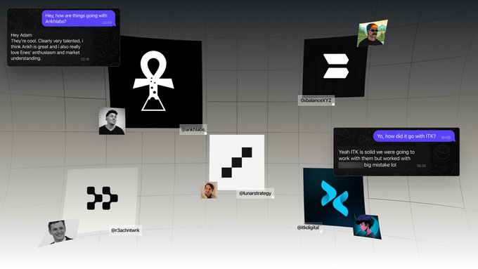 A 3D virtual lobby space featuring avatars and logos of crypto traders (@anabelly, @0xblancoYZ, @lunarsstrategy, @r2d2chenk, @exitdigital) along with chat messages discussing Archlabs and ITK trading.