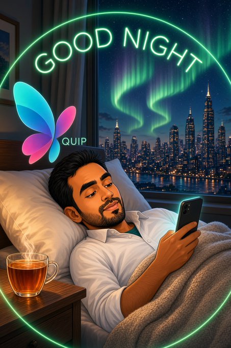 A digital illustration of a man relaxing in bed with his phone while drinking tea, with "GOOD NIGHT" text, a glowing butterfly logo labeled "QUIP," and a city skyline with aurora borealis in the background.