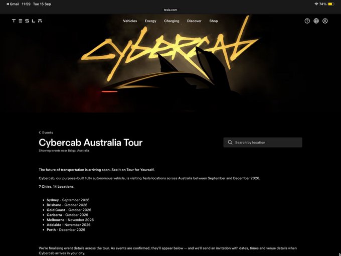A Tesla webpage screenshot shows the 'Cybercab Australia Tour' announcement, listing tour dates for Sydney, Brisbane, Gold Coast, Canberra, Melbourne, Adelaide, and Perth from September to December 2026.