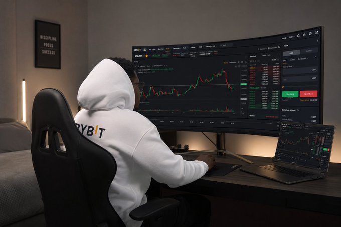 A person wearing a white BYBIT hoodie sits in front of a curved monitor displaying BTC/USDT cryptocurrency trading charts, with a laptop showing similar trading data beside it.