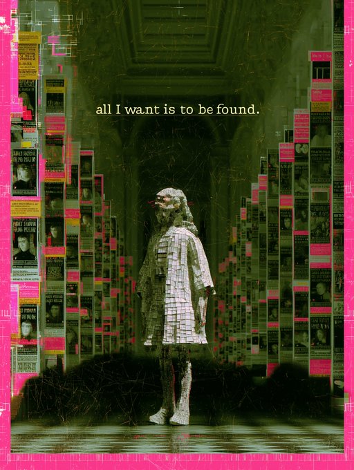 An artistic digital collage with a pink border showing a distorted figure in a hallway lined with repetitive faces, overlaid with the text 'all I want is to be found.'