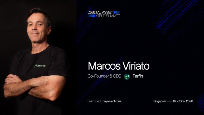 The image is a speaker announcement graphic for the Digital Asset Yield Summit, featuring Marcos Viriato, Co-Founder & CEO of Parfin, with the event details "Singapore — 6 October 2026" and "daysavent.com" displayed alongside his portrait wearing a black Parfin t-shirt.