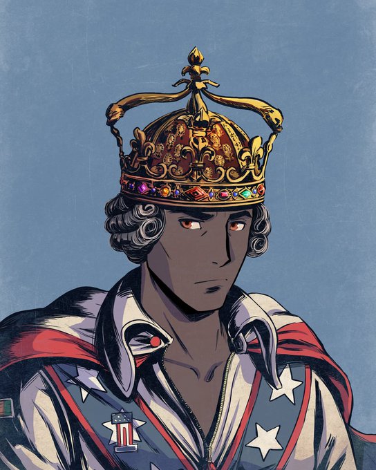 An anime-style illustration of a serious-looking man with dark skin and red eyes wearing an ornate golden crown adorned with jewels and an American flag-themed shirt.