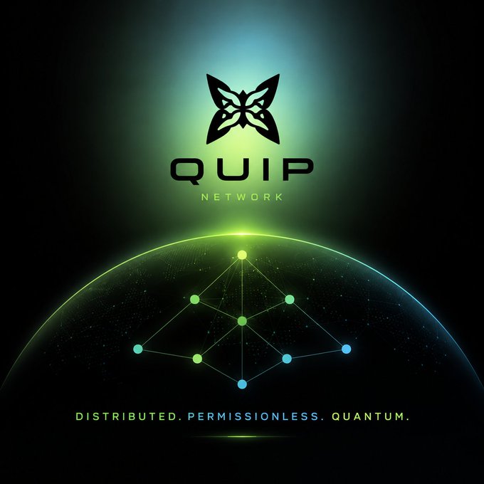The image is a black and green representation of a planet surrounded by stars, with several lines radiating from the center, creating a pattern resembling the shape of the Earth's orbit around the sun. The background features a gradient transitioning between blue and green shades. Below this celestial illustration, there are three words written in white: "Quip Network," "distributed permissionsless Quteum," and "@quip". These lines appear to form an intricate network symbol, representing the interconnectedness of technology, data, and innovation within the context of Quip's project.