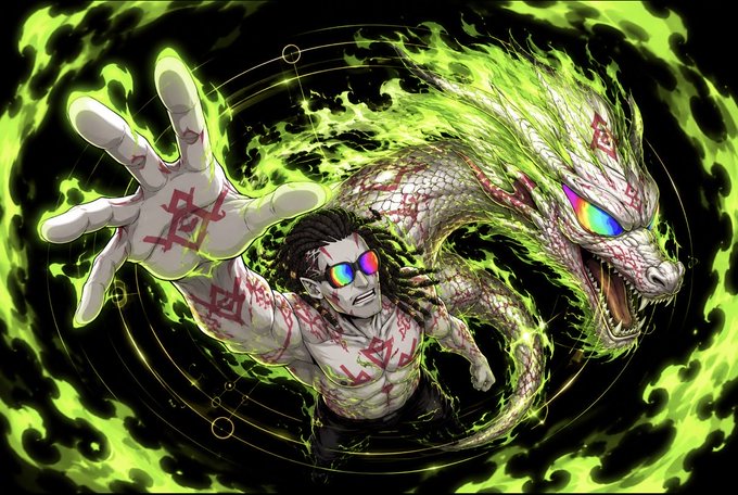 A muscular figure with dreadlocks and rainbow-lensed sunglasses reaches forward, his body covered in glowing red runic tattoos, while a massive spectral white dragon with matching symbols breathes green flame behind him amid dark swirling energy. The demonic, otherworldly imagery aligns with the ominous "good night" sign-off from @DevilsSOL666, evoking a supernatural farewell in the style of dark anime or manga artwork.