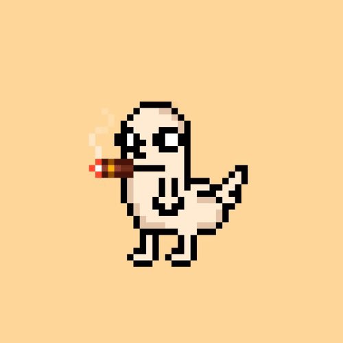 Pixel art of a white dinosaur smoking a brown cigar on a tan background.
