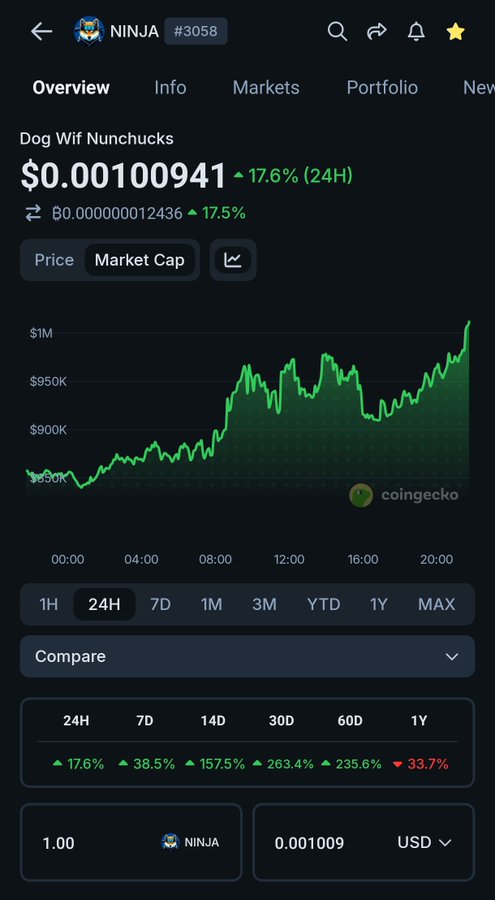A CoinGecko screenshot showing the price of the 'NINJA' (Dog Wif Nunchucks) token at $0.00100941, up 17.6% in 24 hours.
