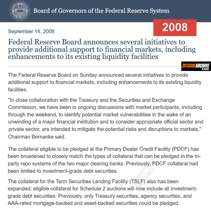 A September 14, 2008 Federal Reserve Board announcement, displayed alongside a "2008" banner and a Bitcoin Archive watermark, details emergency initiatives led by Chairman Bernanke—including expanded collateral eligibility for the Primary Dealer Credit Facility (PDCF) and Term Securities Lending Facility (TSLF)—taken in response to the unfolding Lehman Brothers collapse, with the post urging readers to "opt out of the rigged banking cartel" by buying Bitcoin.