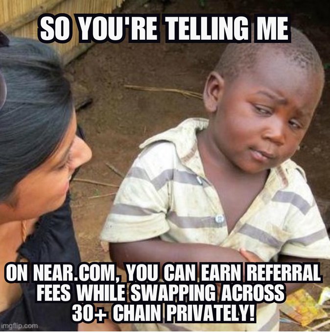 The main focus of this image appears to be a woman with a baby in front of her, who has posted an offensive image online containing a young child wearing a striped shirt and appearing surprised or confused at something that isn't clear from the photo itself. The caption reads "So you're telling me NEARIntents". The post is likely intended as a joke or a humorous statement directed towards people who seek advice on social networking platforms, although it can be inferred that this might not be appreciated by everyone.