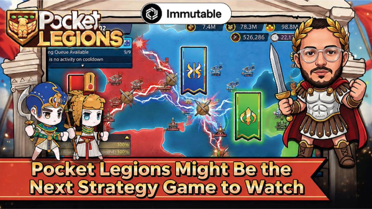 The image features a poster for an upcoming strategy game called Pocket Legends, which is scheduled to launch on June 18th. The poster includes a cartoon character of a man holding a sword and shield, along with other characters from the game's story. The text in the image reads "Pocket Legends might be the next strategy game to watch" and "Focus on what is in the image and how it relates to the post".