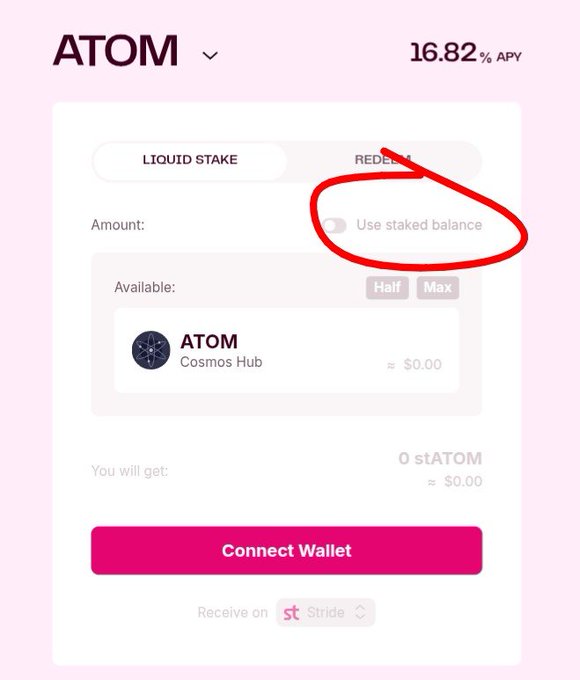 The image displays a pink computer screen with various information about staking and liquid staking using an ATM. The main focus of the image is a red button that has been highlighted, which appears to be directing attention towards a feature for connecting to an ATM wallet without having to wait 21 days for uncashed tokens. This is a helpful tip for those who want immediate access to their ATOM balance.