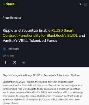 The image shows a screenshot of an article from rippleserver.com which talks about how Ripple is working on securitizing Bitcoin, with the main focus being Bitcoin's RLUUSD wormhole functionality for BlackRock's BUILTBL tokenization funds and team Ripple. The image also includes some text in the caption that reads: "Ripple and secure enable RLMUSD smart Contract functionality for Bitcoin's BUILTBL tokenization funds and VanECK's VBNECK'S virtual currency trading platform".