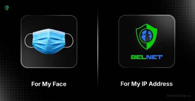 An advertisement from Belnet (belnet.beldos.io) shows two icons comparing protective measures: a face mask labeled 'For My Face' and a shield with 'BELNET' logo labeled 'For My IP Address'.