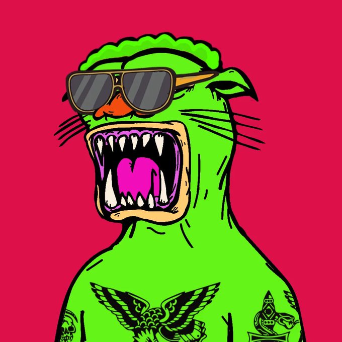 An illustration of a fierce green cat with bared fangs wearing sunglasses and covered in tattoos (eagle, skull, dagger) against a bright red background.
