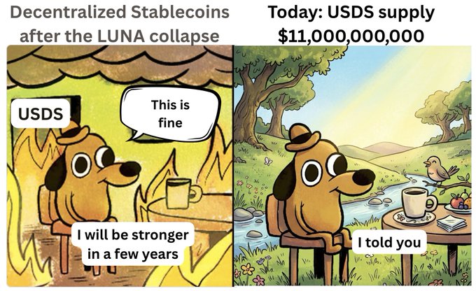 The image shows a cartoon dog sitting at a table with a cup of coffee next to him. The scene depicts a conversation between two dogs about the collapse of the USDS stablecoin after the Luna constellation collapsed, as shown in the caption below the image.