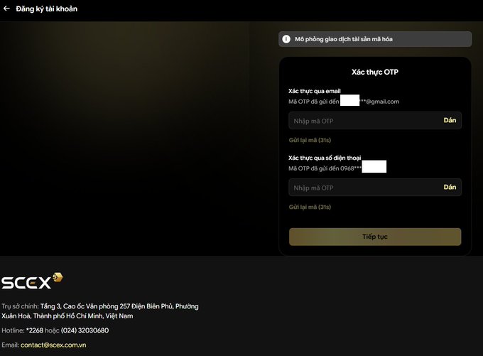 A screenshot of the SCEX account registration page showing an OTP verification form requiring both email and phone number codes, with contact info for SCEX Co., Ltd at 2268 hotline, illustrating the user's difficulty completing signup because they hadn't received the phone verification code.