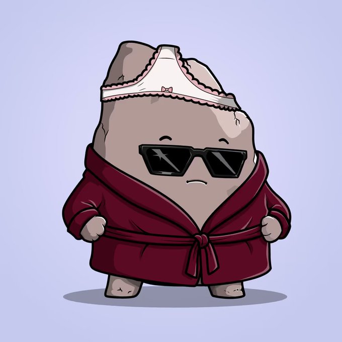 A cartoon rock character wearing black sunglasses and a maroon bathrobe, with a pink bra draped over its head.