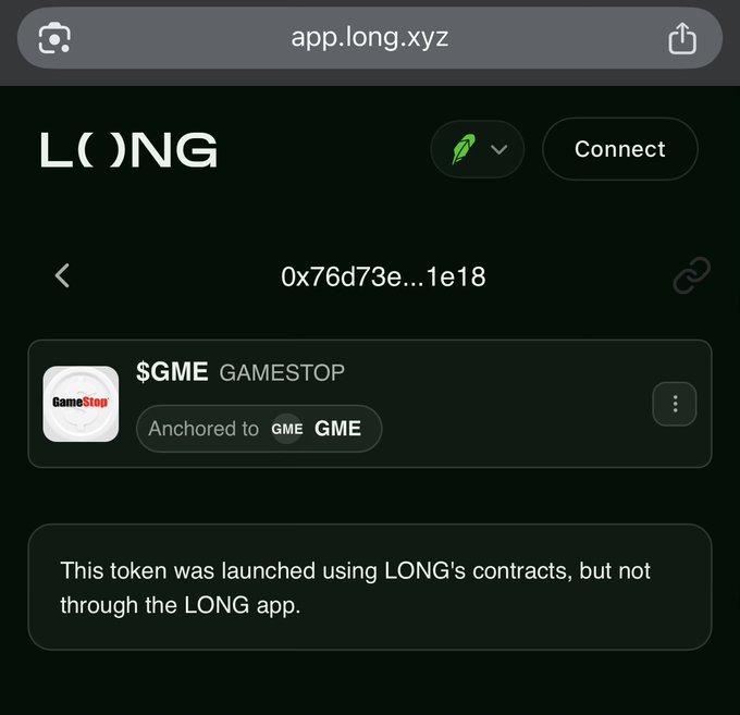 A mobile screenshot of the app.long.xyz website displays a token listing for '$GME GAMESTOP' anchored to GME, noting it was not launched through the LONG app.