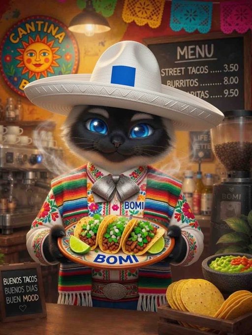 An AI-generated illustration of a black cat wearing a sombrero and a colorful Mexican poncho, holding a plate of tacos with the word 'BOMI' on it, set in a cantina.