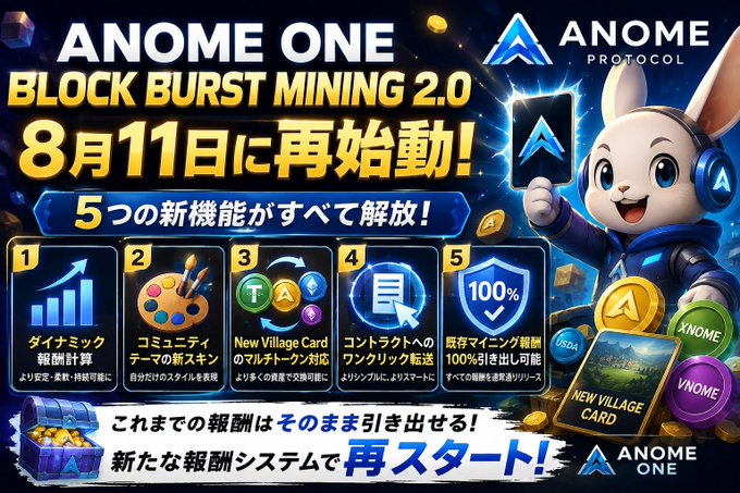 Promotional banner for ANOME ONE Block Burst Mining 2.0, announcing a restart on August 11 with 5 new features unlocked, featuring a cartoon rabbit mascot and the ANOME Protocol logo.