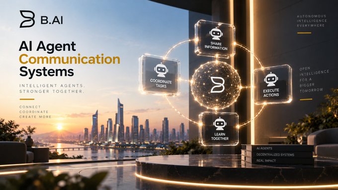 A promotional graphic for 'B.AI' advertises 'AI Agent Communication Systems' with floating cubes labeled 'SHARE INFORMATION', 'COORDINATE TASKS', 'EXECUTE ACTIONS', and 'LEARN TOGETHER' against a futuristic city backdrop.