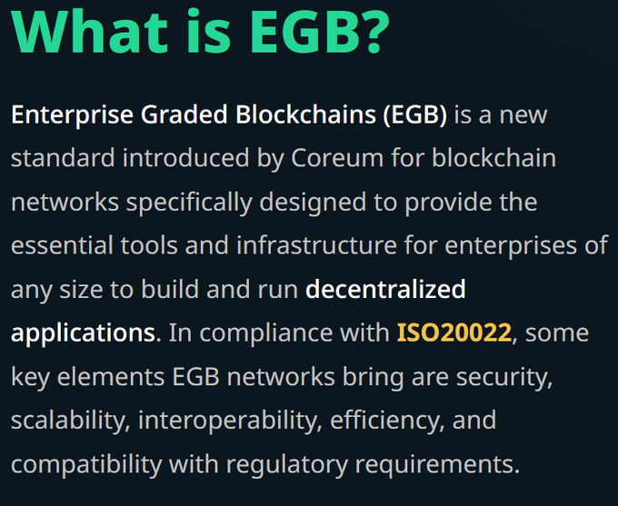 An informational graphic titled 'What is EGB?' explains that Enterprise Graded Blockchains (EGB) is a Coreum blockchain standard providing decentralized application infrastructure with ISO20022 compliance.
