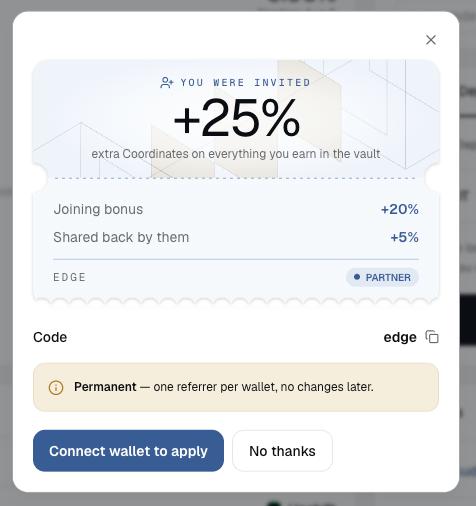 A digital pop-up invitation offers '+25% extra Coordinates on everything you earn in the vault,' broken down as a '+20% Joining bonus' and '+5% Shared back by them,' with a referral code 'edge'.