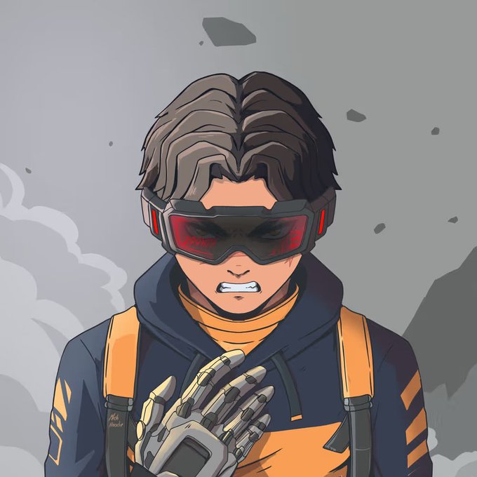 An anime-style illustration of a young man with brown hair wearing red goggles and a blue and orange jacket, holding up a robotic hand.