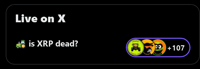 A X (formerly Twitter) poll widget asking "🚜 is XRP dead?" with two voting emojis (a cowboy and Pepe) showing a current tally of +107.