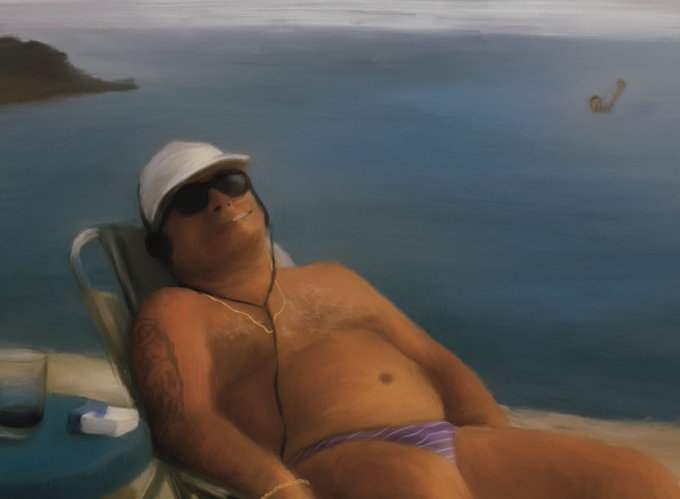 A painting of a shirtless, relaxed man wearing a white cap, sunglasses, and a gold chain, lounging on a beach chair by the ocean with a cigarette pack and drink nearby.