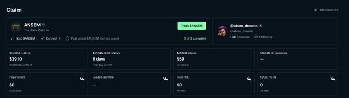 A 'Claim' dashboard for the ANSEM token on dexscreener showing holdings of $39.10, 6 days of holding time, and $59 volume, along with price and PnL metrics.