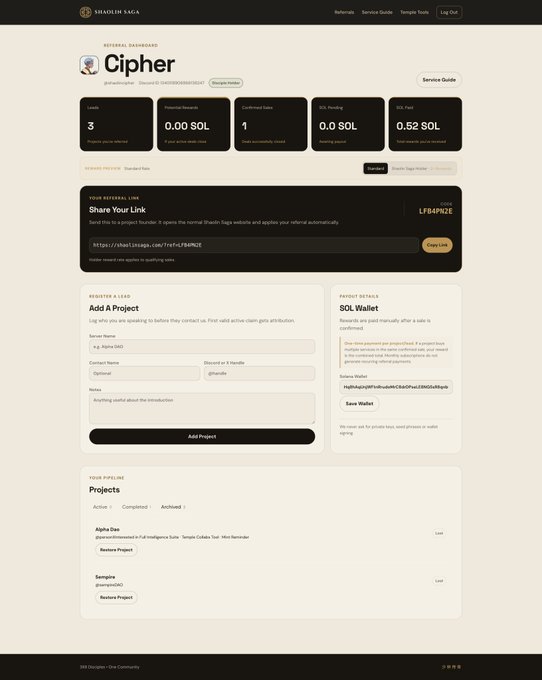 A Smaugs Naga referral dashboard showing the user 'Cipher' with 3 projects referred, 0.00 SOL rewards, 1 confirmed claim, and 0.52 SOL total earned, featuring a referral link, project registration form, and SOL wallet details.