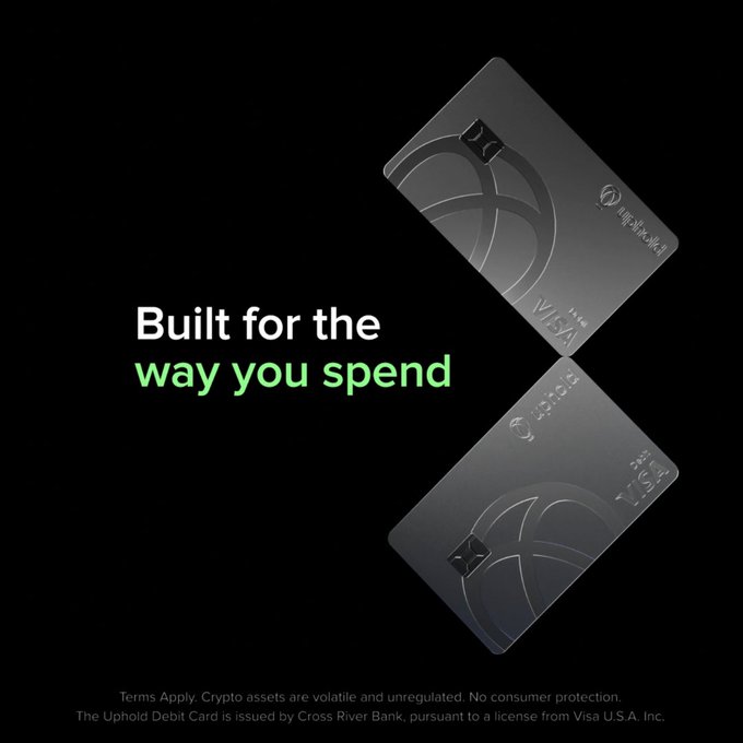 The image shows two black Uphold Debit Cards with Visa branding displayed diagonally against a black background, alongside the tagline "Built for the way you spend." The cards and messaging relate to the post's promotion of earning up to 4% back in XRP rewards automatically through the Uphold Debit Card for weekend spending.