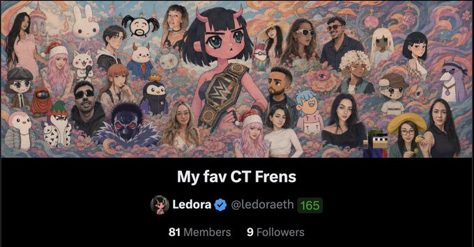 Header image for a Crypto Twitter community called 'My fav CT Frens' created by Ledora (@ledoraeth), featuring a collage of cartoon and real-life avatars.
