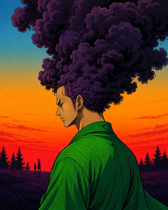 An illustration of a woman in profile with voluminous purple afro hair, wearing a green top, set against a vibrant orange and blue sunset sky with silhouetted trees in the background.