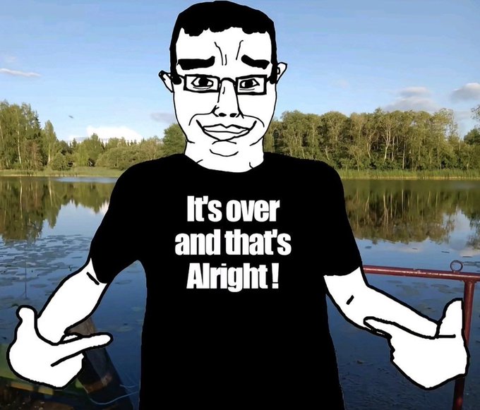 The image features a man wearing glasses standing by a body of water, with his arms outstretched as if he's about to make a peace sign or wave. The caption below the image reads "It's over and that's Alright!". This suggests that the image is related to an event or situation involving Iran, possibly in relation to the FUTS Open or SPCX headlines.