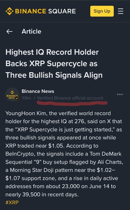 A Binance Square article from Binance News reports that YoungHoon Kim, the verified world record holder for the highest IQ at 276, has endorsed an XRP Supercycle, citing three bullish technical signals—including a Tom DeMark Sequential "9" buy setup, a Morning Star Doji pattern near $1.02–$1.07, and a surge in daily active addresses from 23,000 to nearly 39,500—as XRP trades near $1.05, reinforcing the post's claim that XRP is entering the most powerful Supercycle in crypto history.