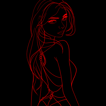 A red neon-style line drawing on a black background depicting a woman with long flowing hair wearing a chain-linked bikini-style outfit.
