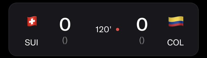 Scoreboard widget showing a soccer match between SUI (Switzerland) and COL (Colombia) tied at 0-0 at the 120' mark with a live indicator dot.