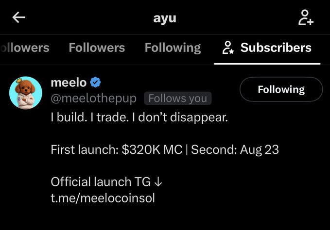 A Twitter/X screenshot shows user "meelo" (@meelothepup) with a verified checkmark, listed as the first subscriber under the "Subscribers" tab of user "ayu." The bio reads "I build. I trade. I don't disappear. First launch: $320K MC | Second: Aug 23" with a Telegram link to t.me/meelocoinsol, confirming the caption's celebration of $MEELO's first subscriber.