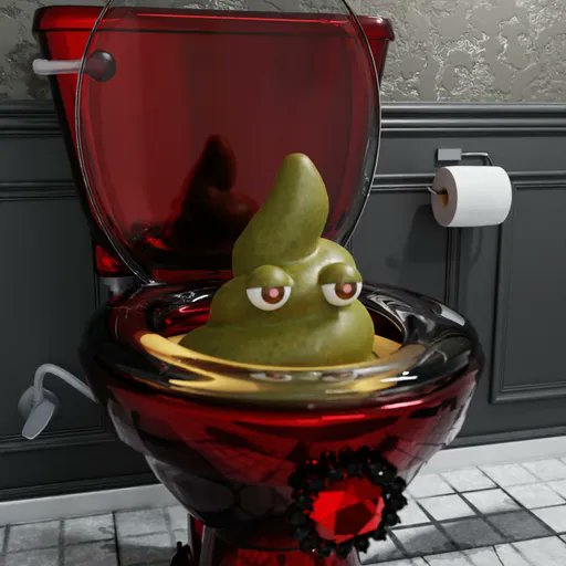 A 3D-rendered image of a green poop emoji sitting inside a red translucent toilet bowl in a gray bathroom.