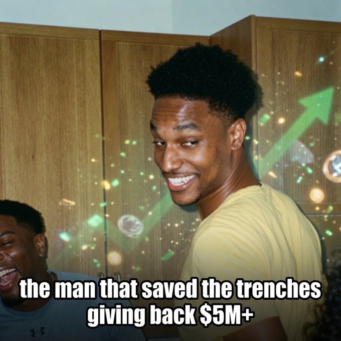 The image shows a smiling young man in a yellow shirt, with text overlay reading "the man that saved the trenches giving back $5M+". The accompanying post references $ANSEM and celebrates him as a figure who "stepped up" for the crypto trenches community, suggesting his market success to a $1B valuation would symbolize a turnaround for the "pumpfun" community.