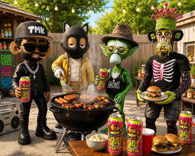 Four cartoonish NFT characters—a man in a TMK cap, a cat, a green alien, and a zombie—having a backyard barbecue with burgers and MARTINI energy drinks.