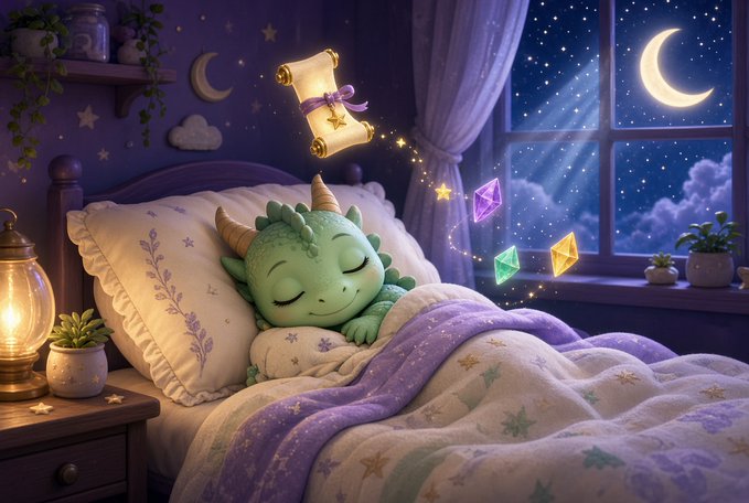 A digital illustration of a cute baby dragon sleeping in a cozy bed under starry purple blankets, with floating glowing crystals and a scroll above its head, set in a bedroom with a crescent moon visible through the window.