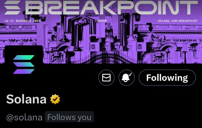 The image shows the verified Twitter/X profile of Solana (@solana), featuring their purple-tinted "Breakpoint" event banner dated November 15-17, 2026 in London, along with the recognizable "Following" button indicating an active mutual follow. The screenshot illustrates the moment the user received a follow back from Solana, tying directly to the post's celebration of receiving an official follow after five years of engagement.