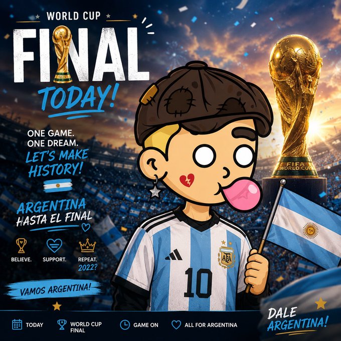 A promotional graphic for the World Cup Final featuring a cartoon character in an Argentina #10 jersey holding an Argentine flag, with text including 'WORLD CUP FINAL TODAY!', 'ONE GAME. ONE DREAM. LET'S MAKE HISTORY!', 'ARGENTINA HASTA EL FINAL', and 'DALE ARGENTINA!' alongside a World Cup trophy.