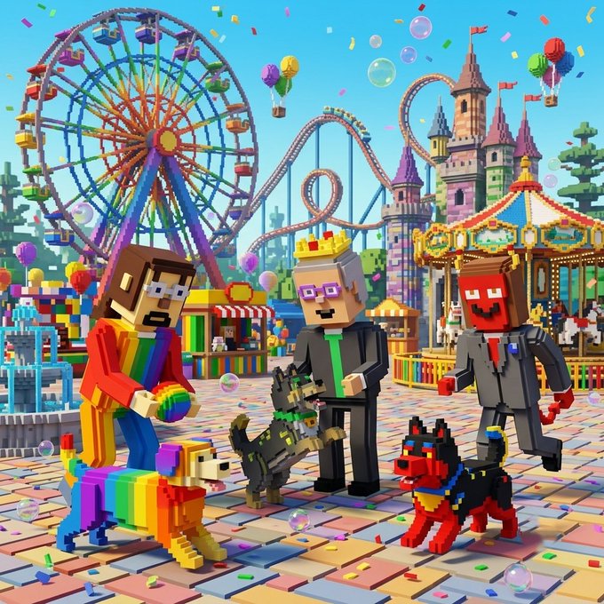 A vibrant Minecraft-style amusement park scene shows blocky characters, including one in a suit with a crown and another holding a rainbow ball, accompanied by colorful dogs and cats, with a Ferris wheel, roller coaster, and castle in the background under confetti and balloons. The image playfully reflects the post's message by transforming the classic "rainbows" imagery into a pixelated, investment-themed celebration of "Stonks and Funds," with the suited character and crown symbolizing financial success amid the festive park setting.