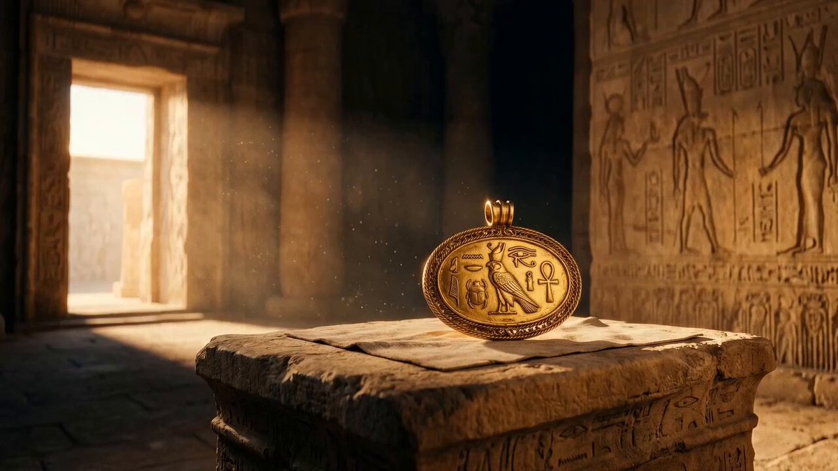 The image features a golden pendant or coin displayed prominently on a stone pedestal. The setting appears to be an ancient Egyptian temple with columns and walls, suggesting that this artifact might have been found during an excavation or discovery of historical significance. The image also includes text about the history of gold and its importance in various cultures throughout time.