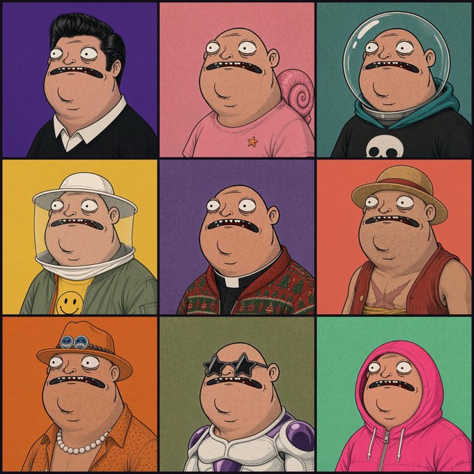 The image displays a 3×3 grid of nine stylized cartoon characters—each a variation of a mustachioed, wide‑eyed figure in different outfits—suggesting a collection of NFT avatars. The accompanying text announces a “BANGER!! FREE MINT FOR ALL @Theprixxxxx HOLDERS SOON.”