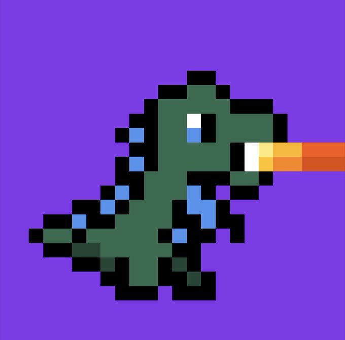 Pixel art of a green dragon breathing orange fire against a solid purple background.
